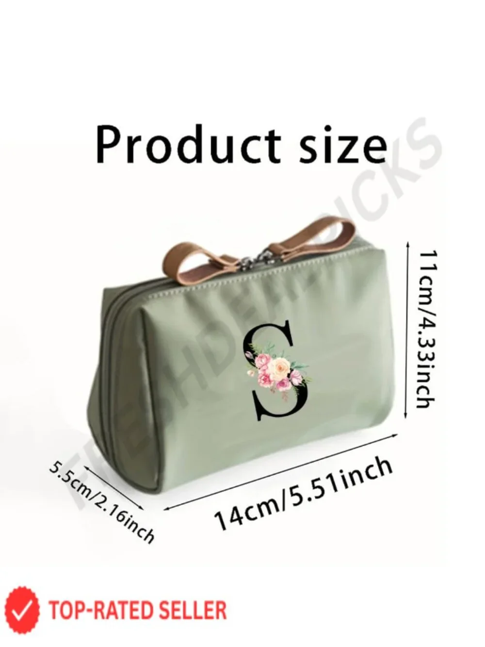 Personalized Floral Initial Makeup Bag, Travel Toiletry Pouch with Zipper